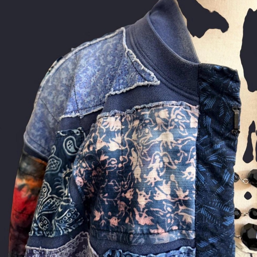 Blue Patchwork Bomber Jacket - image 4